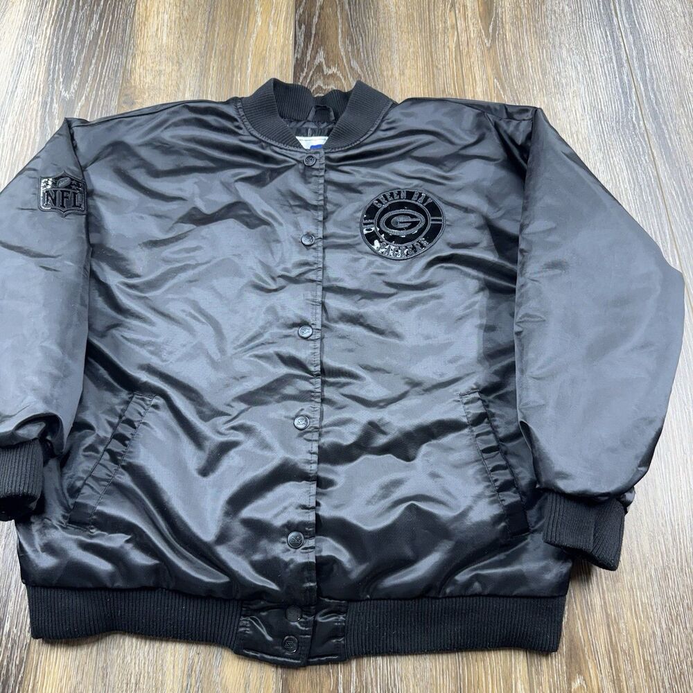 Green Bay Packers Starter Satin Bomber Jacket Mens L Black Out NFL Football Team